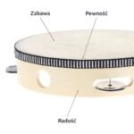 Profil tamburynu z drewnianą ramą, otworem na palec i brzękadłem