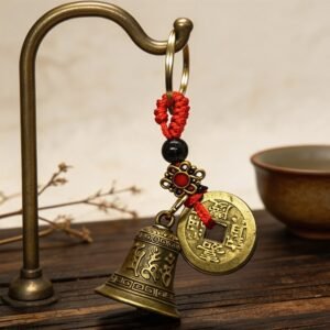Mosiężny dzwoneczek feng shui z chińską monetą na czerwonym sznurku